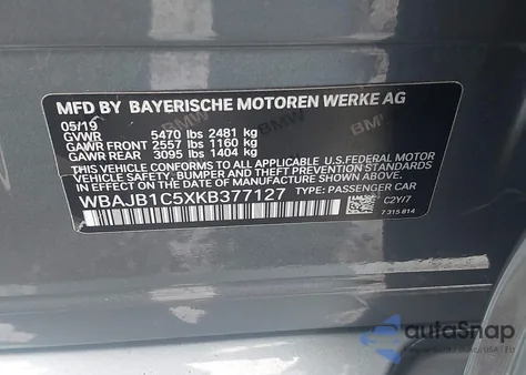 2019 BMW 530E xDrive Iperformance from USA, damaged, VIN WBAJB1C5XKB377127